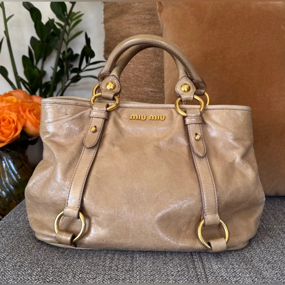 Miu Miu Vitello Lux Tan Leather Satchel with Gold Hardware - Picture 1 of 17